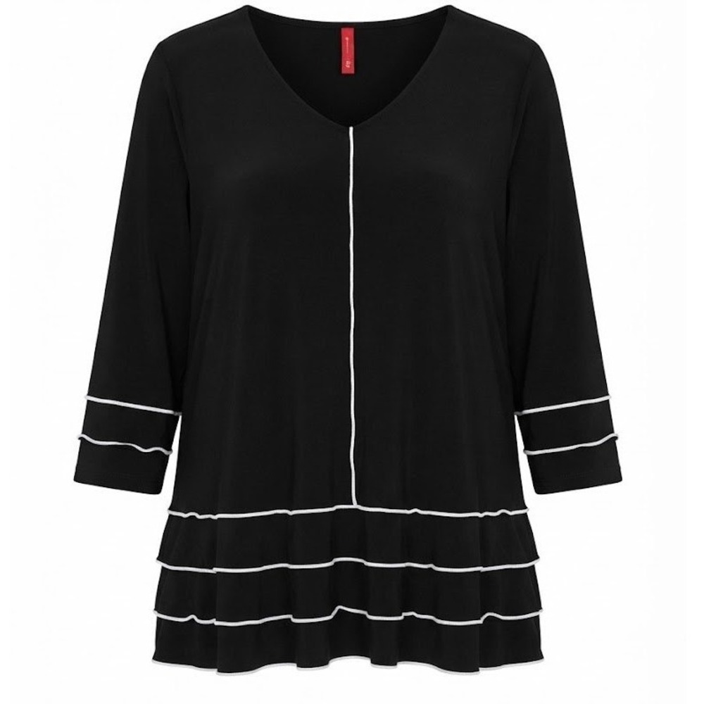 IC by Connie K Black White Ruffle Tiered Tunic Top 3/4 Sleeve 1X Pockets - CJ
